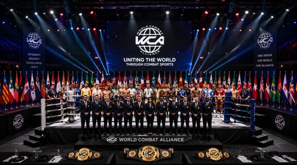 World Combat Alliance officials, athletes, and championship belts at a WCA event